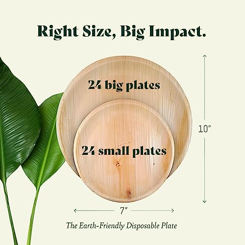Chic Leaf Palm Leaf Plates Disposable Bamboo Plates Like 10 Inch & 7 Inch Round Party Pack (48 pk) Compostable and Biodegradable - Better than Plastic, Paper and Wood Plates