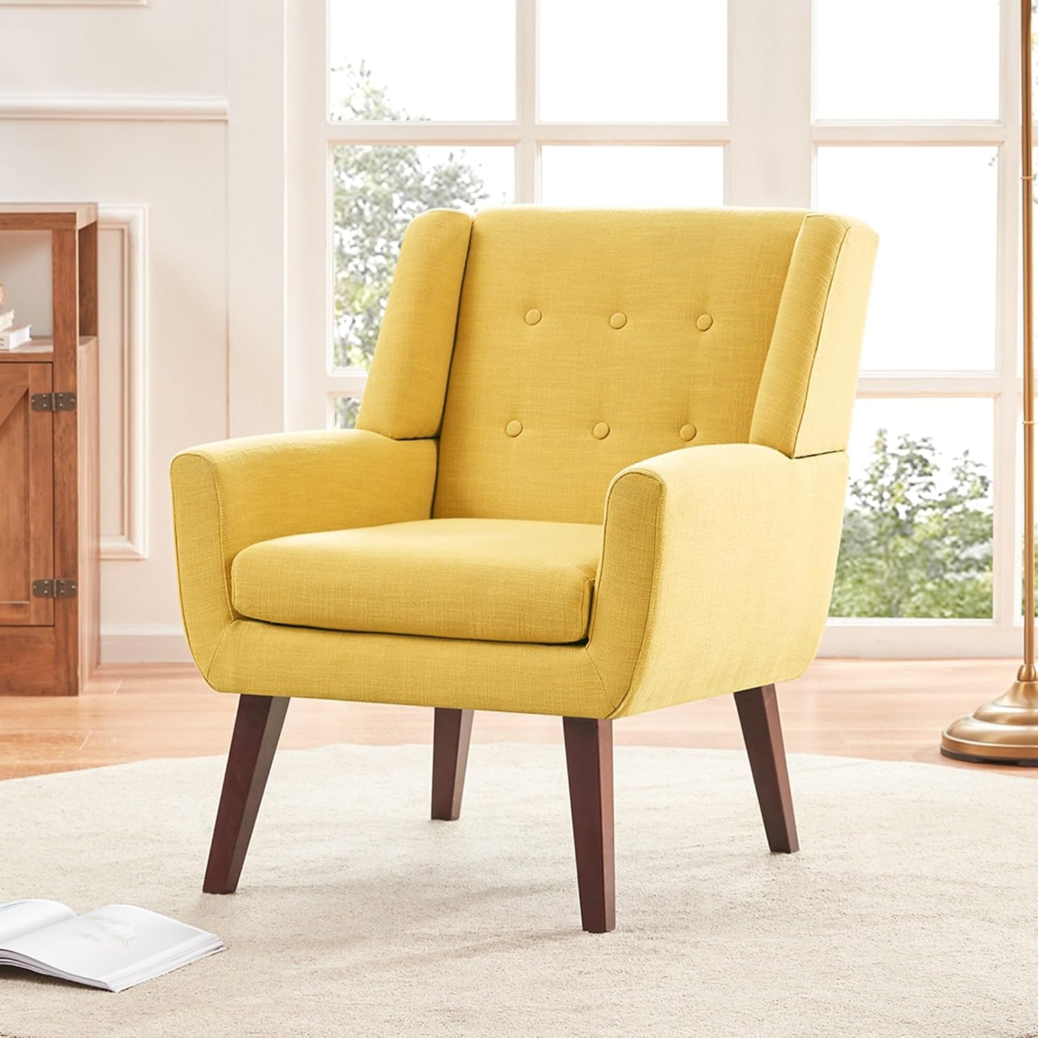 Bed Bath & Beyond HUIMO Modern Linen Upholstered Armchair Tufted Accent Chair Yellow