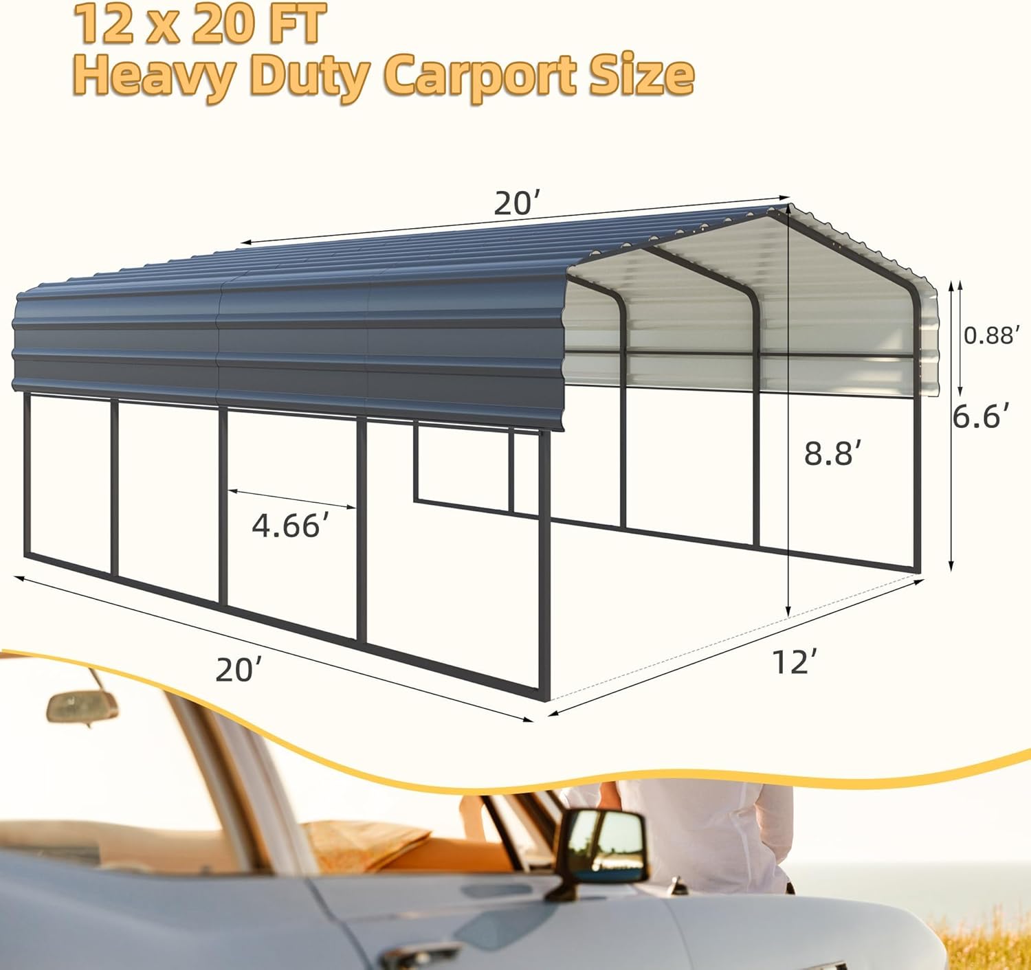 12'x20' Heavy Duty Metal Carport, Multi-Purpose Car Shelter with Galvanized Steel Roof, Upgraded Extra Large Garage for 2 Car, Boats and Tractors