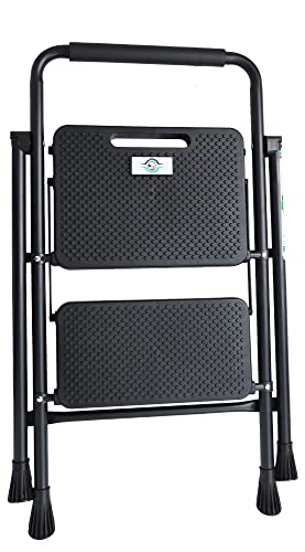 Folding Step Stool with Wide Anti-Slip Pedal, ​330​lbs Sturdy Steel Ladder, 2-Step, Black