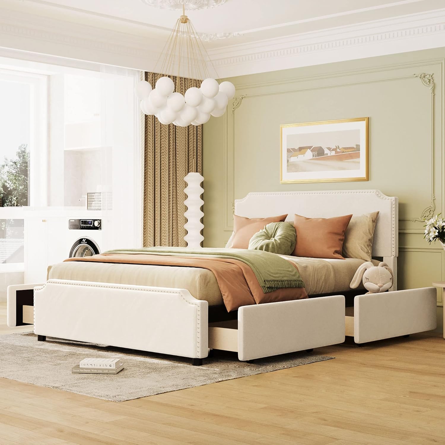 Bellemave Queen Bed Frame with 4 Drawers, Velvet Upholstered Platform Storage Bed with Belgrave Headboard and with Nailhead Trim, Wooden Slats Support, No Box Spring Needed, Beige