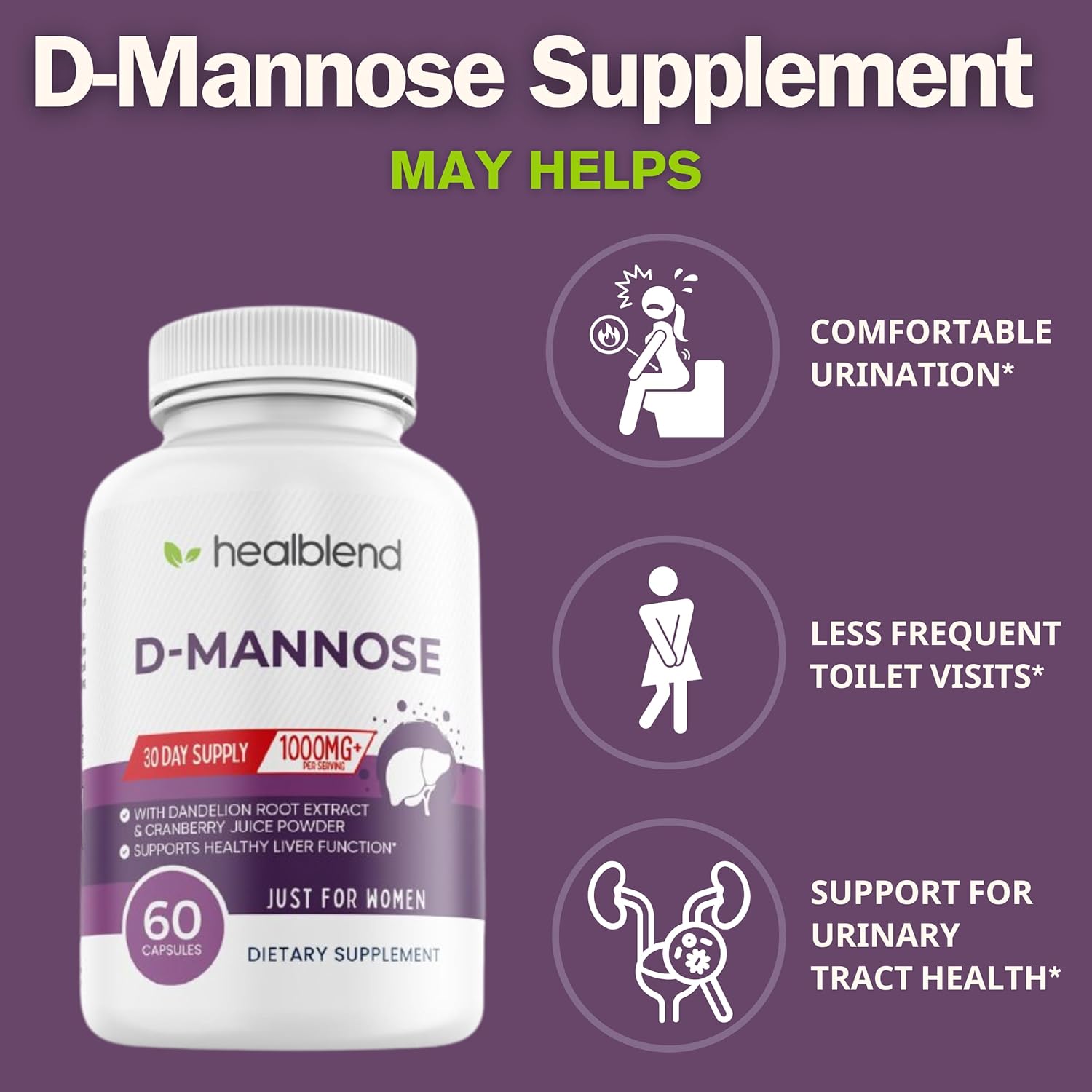 D-Mannose 1000mg Capsules with Cranberry Juice Powder, Hibiscus, and Dandelion Extracts - 30 Day Supply for Urinary Tract Health