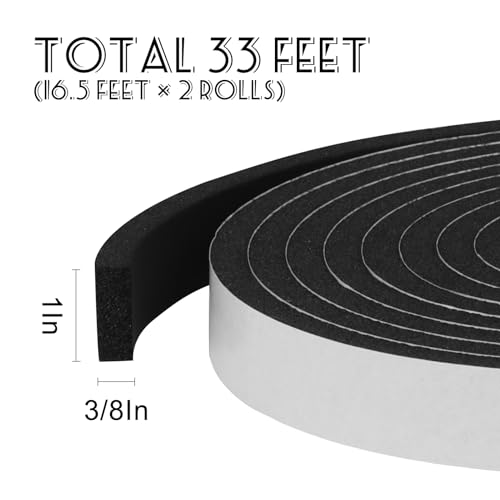 Storystore Foam Insulation Tape Self Adhesive,Weather Stripping for Doors and Window,Sound Proof Soundproofing Door Seal,Weatherstrip,Cooling,Air Conditioning Seal Strip (1/2In x 1/4In x 33Ft, Black)