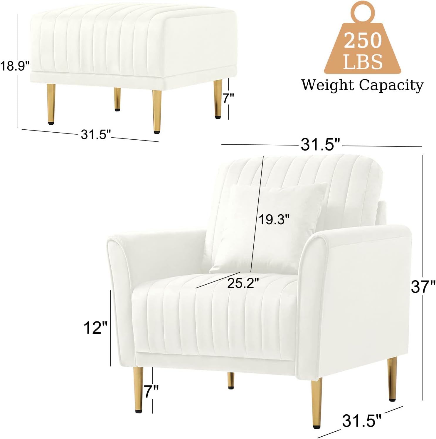 CALABASH Velvet Accent Chair with Ottoman, Comfy Channel Tufted Arm Chair and Footstool Set Modern Upholstered Single Sofa Chair with Gold Legs & Pillow for Living Room, Bedroom, Reading Room(White)