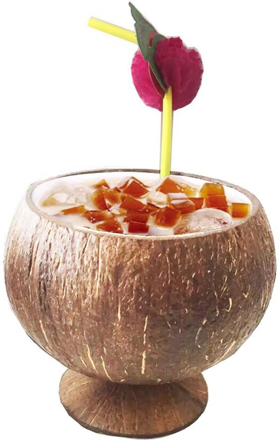 URALFA 6 Pack Natural Coconut Shell Cups, Hawaiian Theme Luau Party Cups Supplies, 12oz