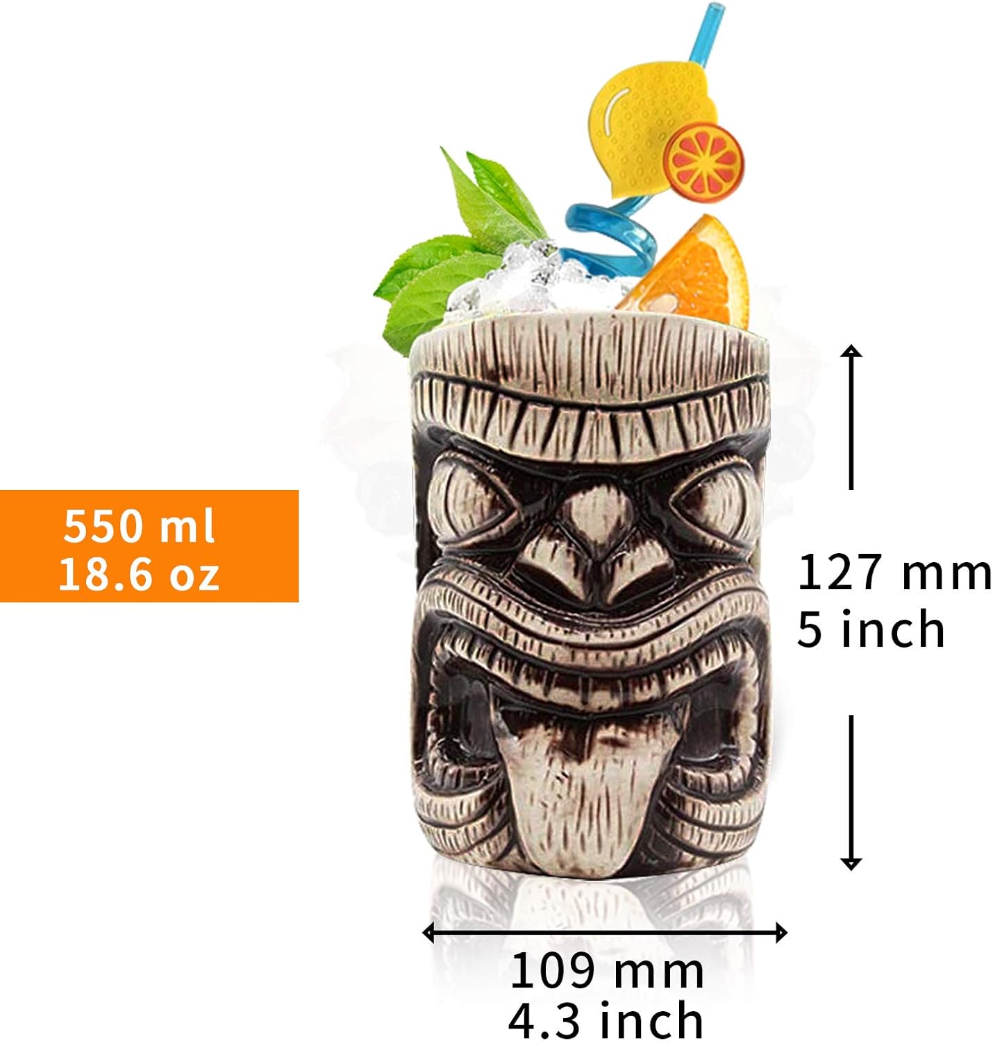 Tiki Mugs – Ceramic Tiki Mug 16.8oz/550ml, Toscano Lono Cocktail Mug for Mai Tai, Punch, Pina Colada, and Tropical bar Drinks - TIKI0036 (16.8oz/550ml Tongue)