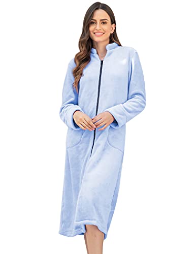 Ekouaer Women's Zip Up Robe Fleece Bathrobe Long Zipper Lounger Warm Housecoat Long Sleeve Nightgown with Pockets S-XXL