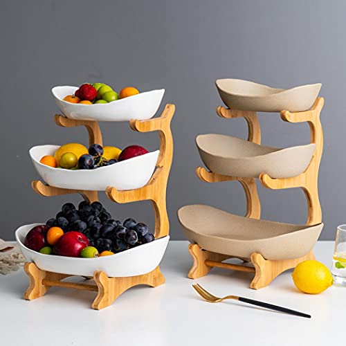 3 Tier Fruit Basket,Ceramic Large Capacity Tiered Fruit Basket Stand,Bamboo Fruit Basket Fruit Serving Tray Snacks Nuts Bread Candy Storage Holder (White porcelain)