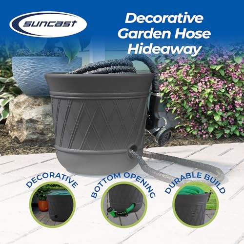 Suncast Round Resin Decorative Weatherproof Outdoor Hideaway Standard Garden Hose Storage Pot with Drainage Holes for Garden, Gray
