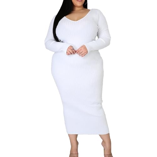 Women'S Long Sleeve V Neck Bodycon Dress Plus Size Ribbed Mini Tank Short Party Dress Solid Color Stretchy Dresses