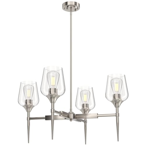 VONLUCE 4 Light Chandelier for Dining Room, Farmhouse Chandelier with Cylinder Clear Glass Shade, Modern Chandelier for Kitchen Bedroom Living Room Foyer, Pendant Light with Gold Finish