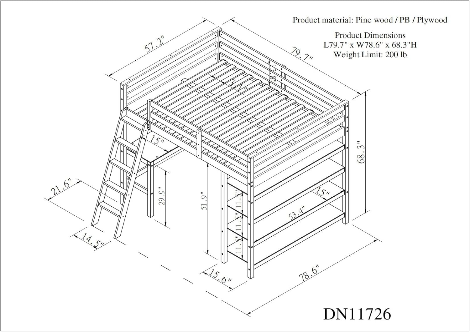 Full Loft Bed with Desk and 4-Tier Storage Shelves, Wooden Full Loft Bed Frame with Safety Guardrails and Ladder for Kids Teens Adults, White