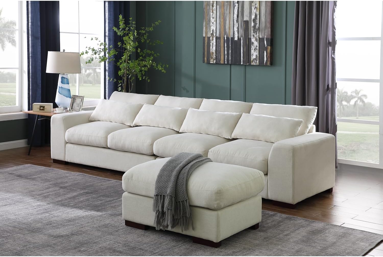 Devion Furniture 123.24'' Fabric Square Arm Modular Reversible Sectional Sofa & Ottoman-Beige