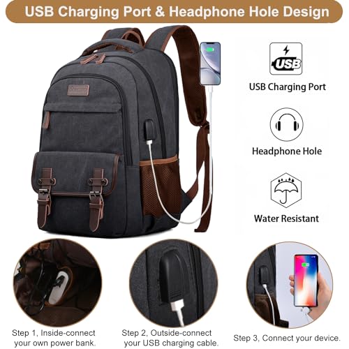 Canvas Travel Laptop Backpack for Men Women, Business Work Rucksack College School Computer Bag Fits 15.6 Inch Notebook,Bookbag with USB Charging Port (Grey)