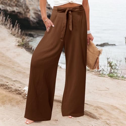 Women's Linen Blend Summer Casual Flowy Pants High Waist Lounge Pants Plus Size Trouser Vacation
