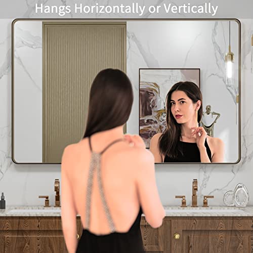 LOAAO 22”X30” Gold Bathroom Mirror, Rounded Rectangle Gold Frame Mirror, Brushed Gold Bathroom Vanity Mirror Wall-Mounted, Anti-Rust, Tempered Glass, Hangs Horizontally or Vertically