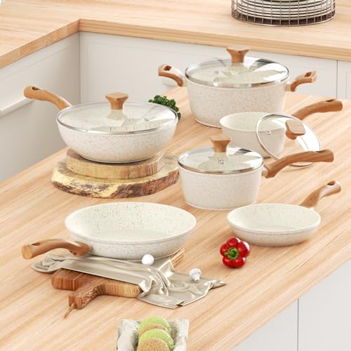 Pots and Pans Set Nonstick, 13 Piece Kitchen Nonstick Cookware Sets with Bakelite Handles, Non-Toxic Non Stick Cooking Set, Granite, Induction Compatible (PFOS, PFOA Free)