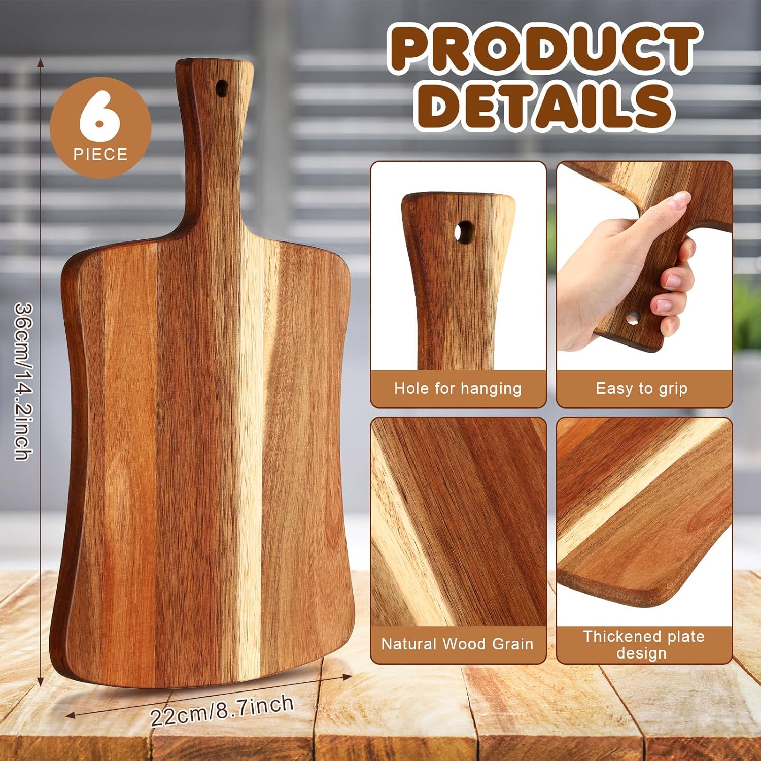 Layhit 6 Pack Thick Acacia Wood Cutting Board Wooden Serving Board Double Sided Serving Wood with Handle Chopping Boards for Kitchen Meat Charcuterie Cheese Bread Vegetables Fruits, 14 x 8.7 Inch