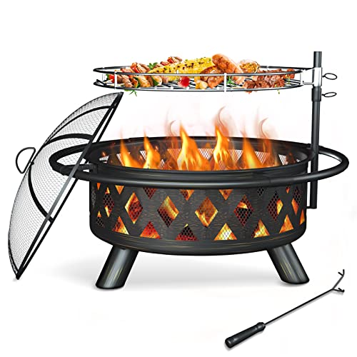 Amopatio 36 Inch Fire Pit with Grill, 2-in-1 Large Outdoor Fire Pits, Wood Burning Firepit with Cooking Grate for Backyard, Bonfire, Camping, Picnic (Include Waterproof Cover)
