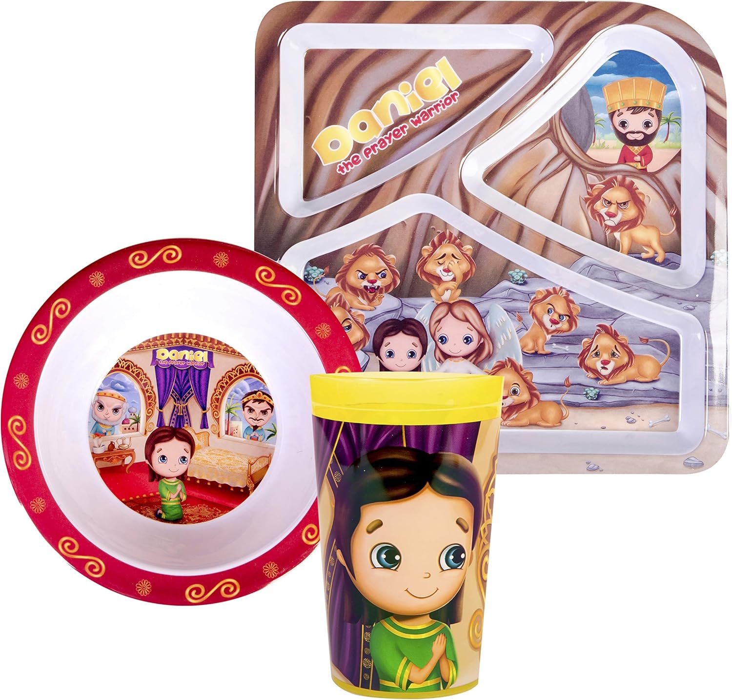 He Loves Me Kids Feeding Daniel 3 Piece Sets Toddler Dishes Multicolor, BPA Free, Kids Dinnerware Includes Round Bowl, Divided Plate and Children’s Tumbler Cup Gift for Birthdays & Graduations