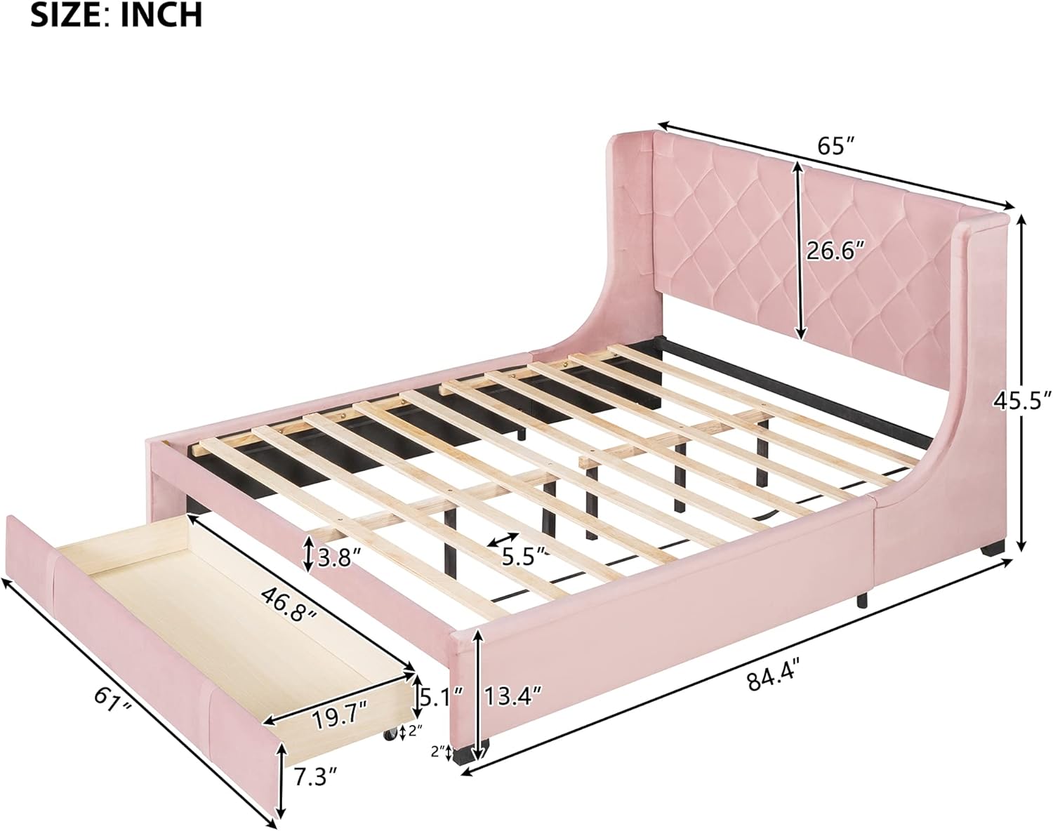 Bellemave Queen Bed Frame with Storage Drawer, Velvet Upholstered Storage Bed with Button Tufted Headboard, Wingback Platform Bed Queen Size, Pink