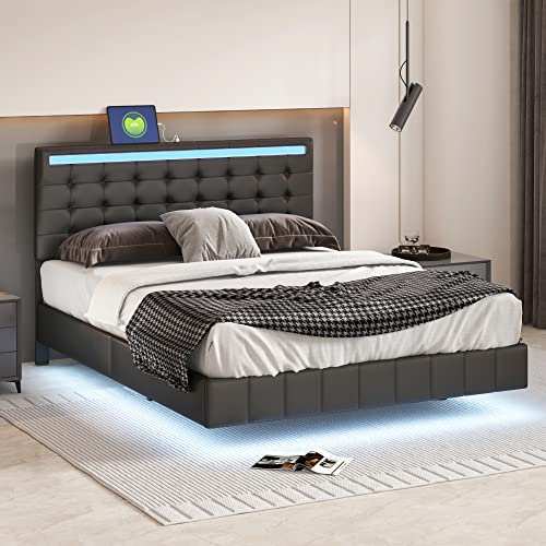 Merax Modern Upholstered Lift Up Bed Frame with LED Lights and USB Charger Full PU Leather Tufted Plattform Bed Hydraulic Storage System Black