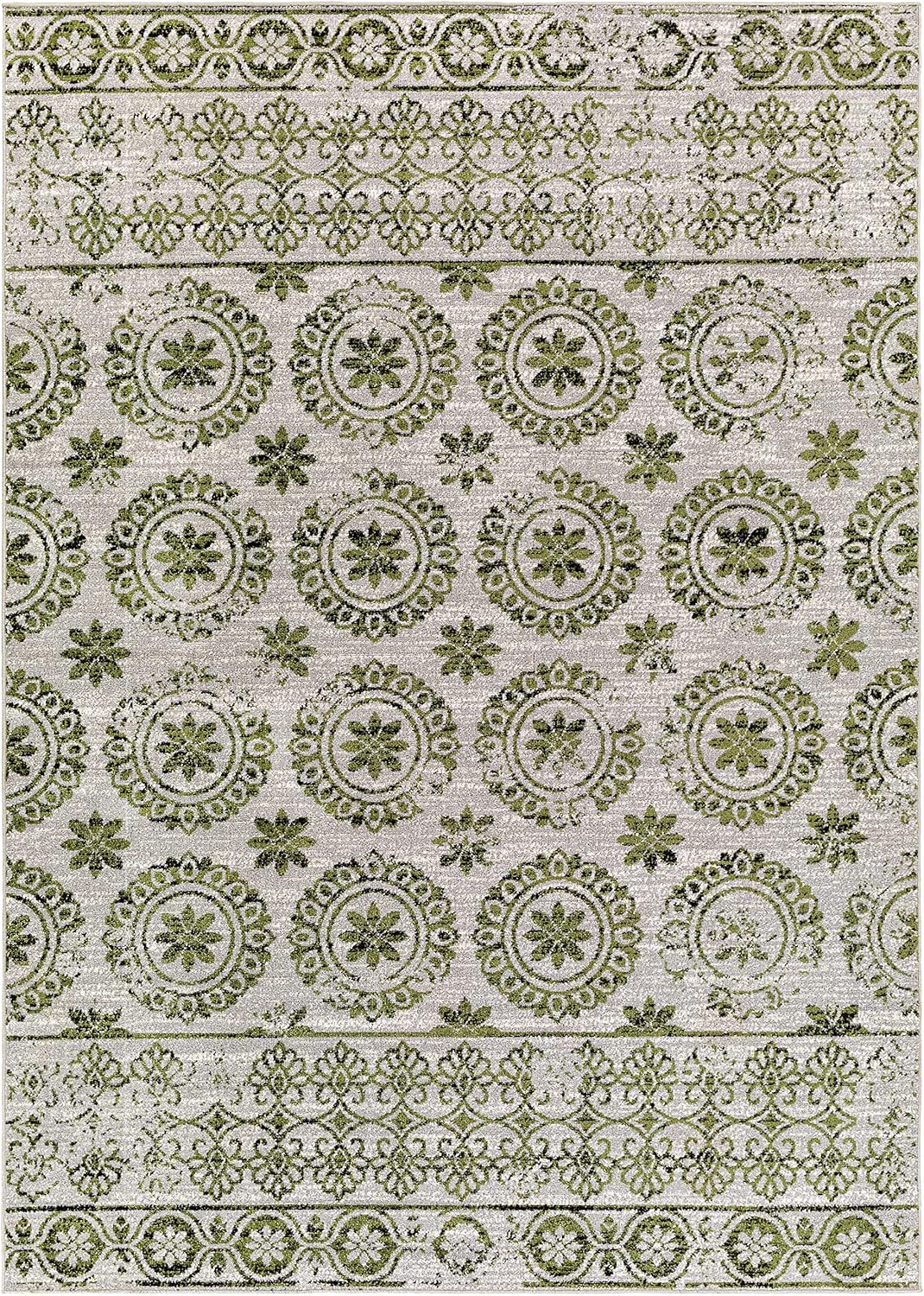 Hauteloom Sangat Modern Paisley Farmhouse Living Room Bedroom Dining Room Boho Area Rug - Machine Washable - Bohemian Vintage Carpet - Green, Grey, Beige, Cream - 5'3
