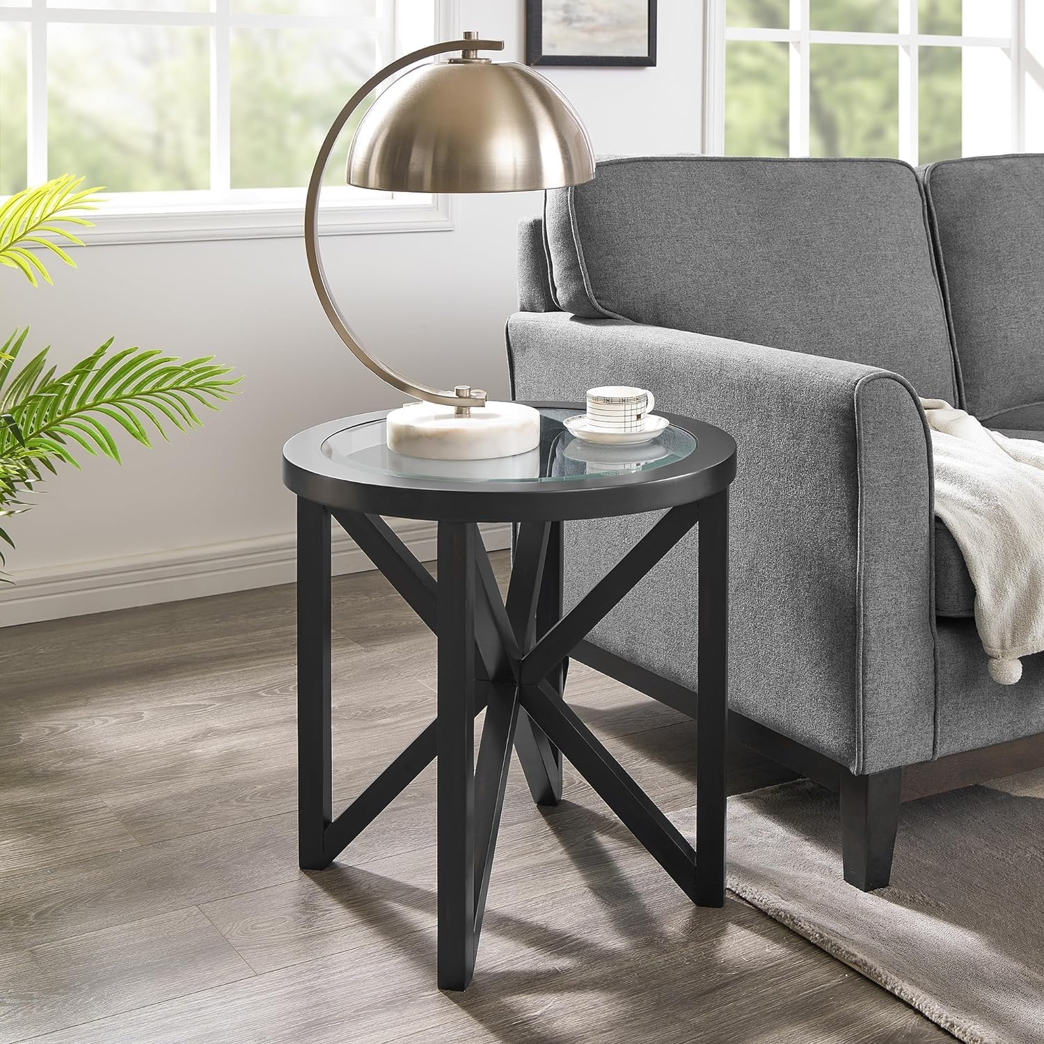 Modern Simple Glass Coffee Table, Tempered Glass Coffee Table Solid Wood Base Round Transparent Glass top Modern Living Room Terrace Study Coffee Table