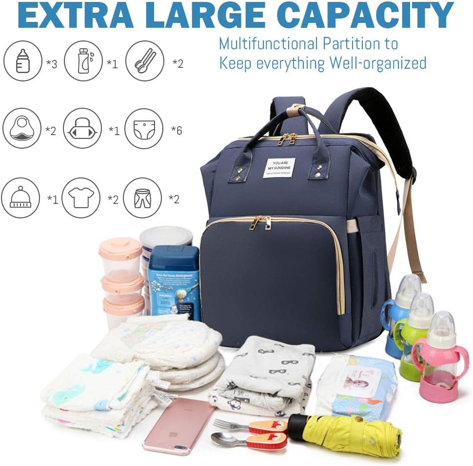 SALIFA Diaper Bag Backpack with Changing Station, Foldable Baby Diaper Bags Large Capacity Waterproof USB Charging Port, Mummy Bag for Baby Boy Girl, Blue