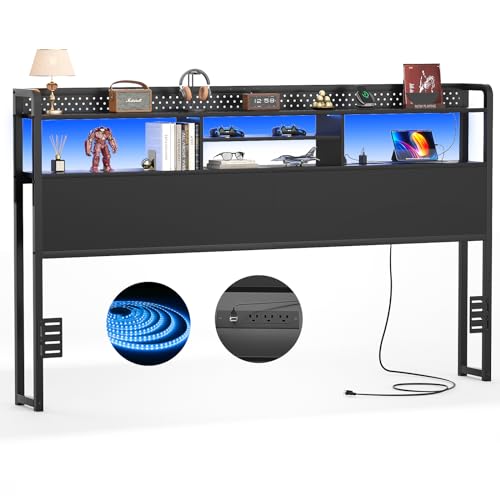 Unikito Headboard for Twin Size Bed with Storage Shelf, Head Board with 3 Outlets and 2 USB Ports, Headboards with RGB LED Light, Height Adjustable, Sturdy and Stable, Easy Assembly, Black Oak