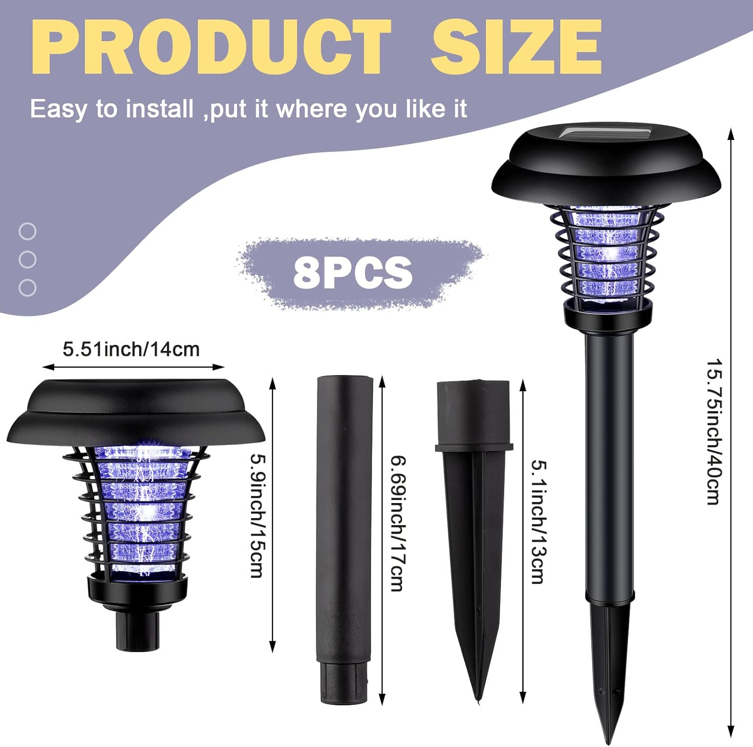 8 Pack 2 in 1 Bug Zapper Outdoor Waterproof Solar Mosquito Killer UV Fly Zapper Ground Plug Light for Home Kitchen Patio Backyard Camping