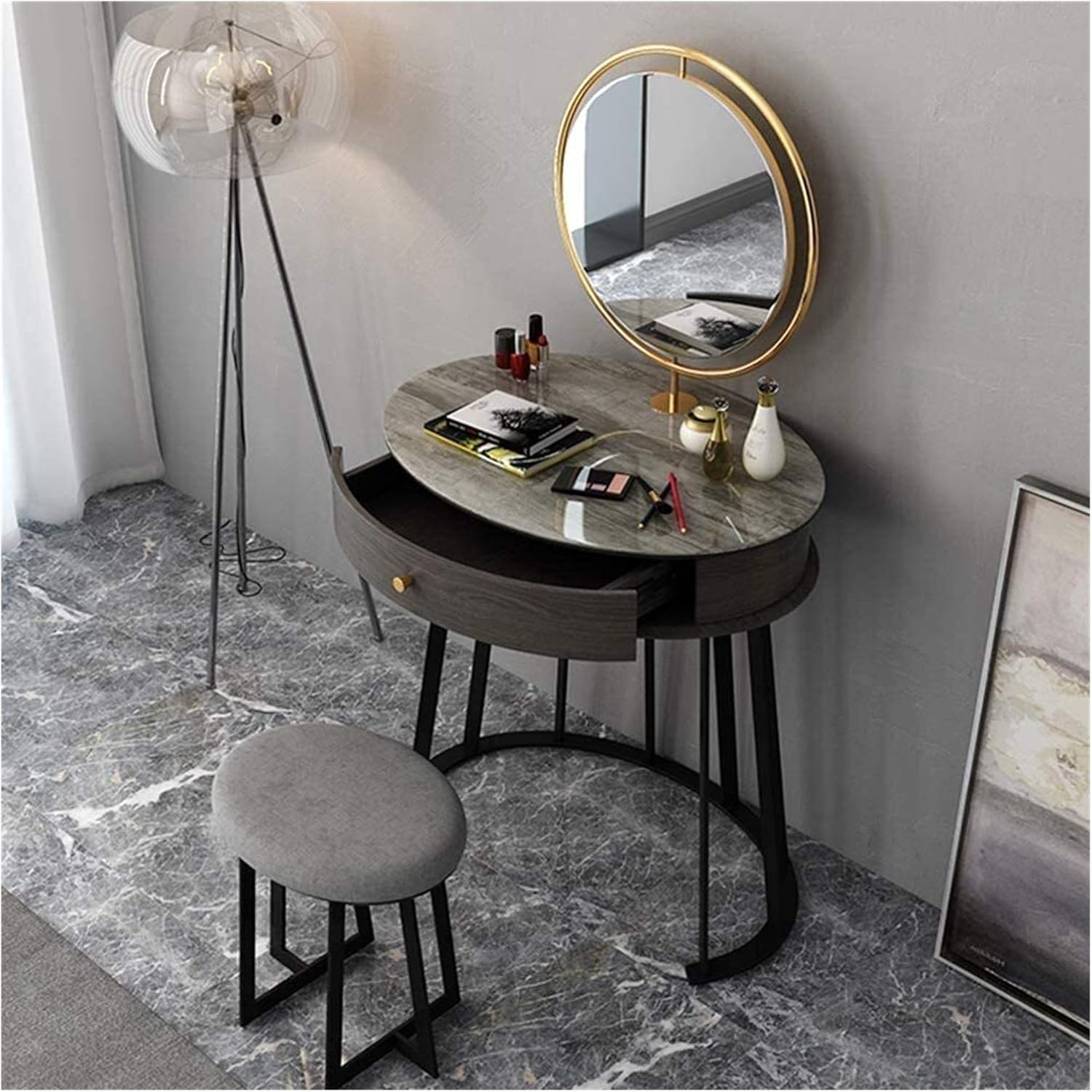 Luxury Dressing Vanity Table w/Stool for Bedroom, Mini Dressing Table, Girl Bedroom Modern Dressing Table with Stool, Large Storage Space, 75x55x123 cm