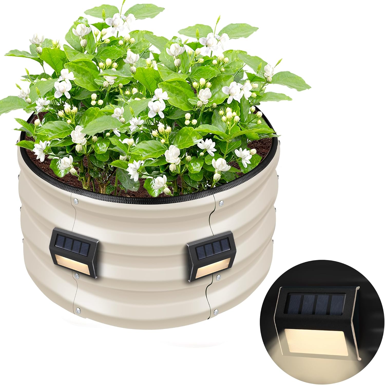 Round Galvanized Raised Garden Bed kit,White Outdoor Garden Raised Planter Box with 2 Magnetic Solar-Powered Lights, Large Metal Raised Garden Beds for Vegetable 2 * 2 * 1ft (1pack)