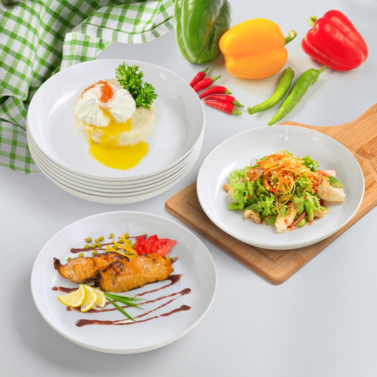 Melamine salad Bowls Set - 46 oz/10 inch 100% Melamine Soup/Salad Bowls | set of 6, White， BPA Free,snack