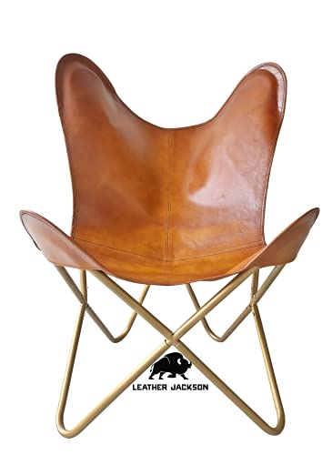 Leather Living Room Chairs-Butterfly Chair Brown Leather Butterfly Chair-Handmade with Powder Coated Folding Iron Frame (Cover with Folding Frame) (Golden Frame)