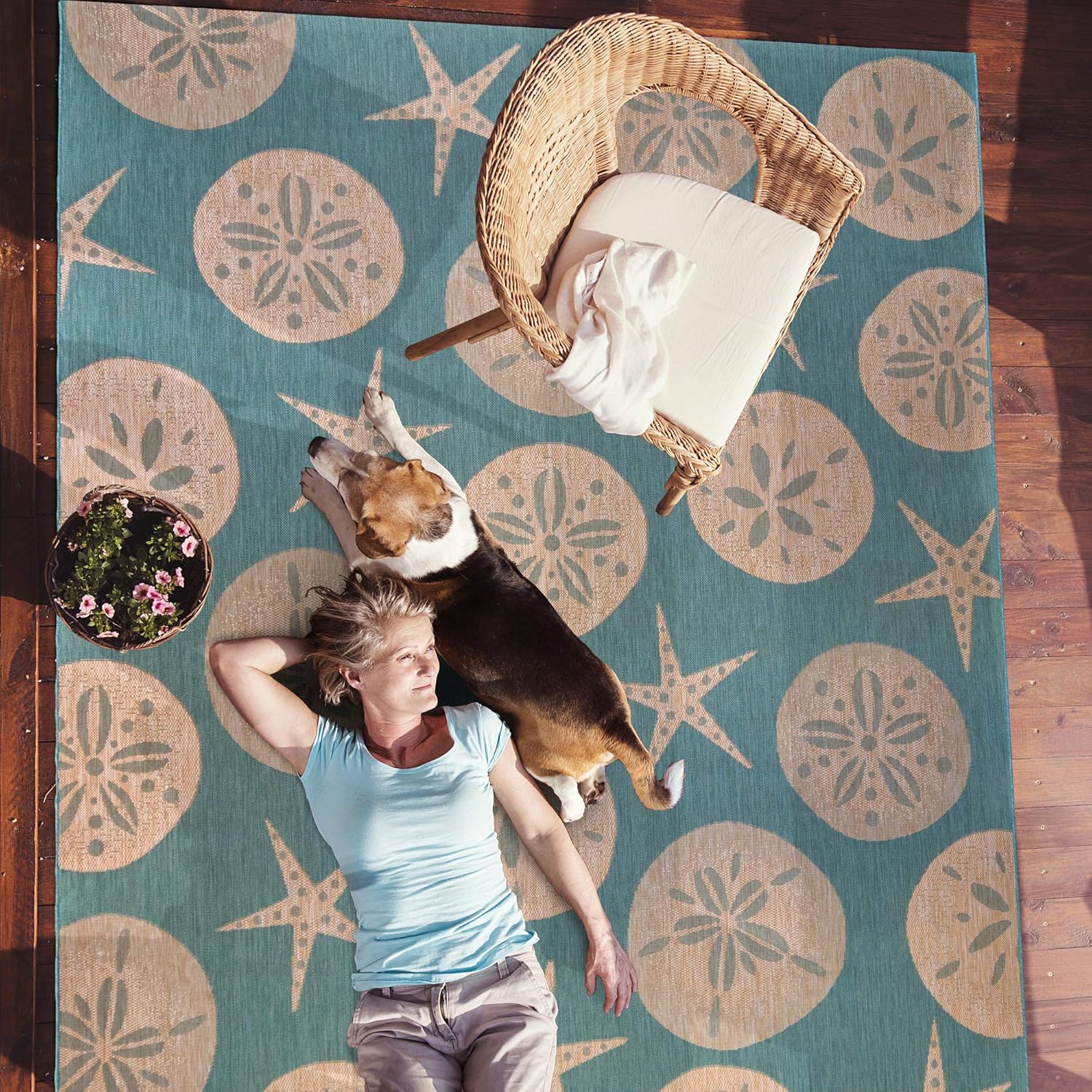 Gertmenian Indoor Outdoor Classic Flatweave Area Rug, Stain & UV Resistant Carpet, Deck, Patio, Poolside & Mudroom, 8x10 Ft Large, Sand Dollar Starfish, Oasis Green, 21269