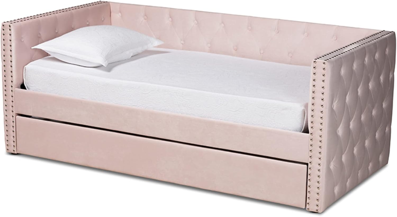 Baxton Studio Larkin Modern and Contemporary Pink Velvet Fabric Upholstered Twin Size Daybed with Trundle