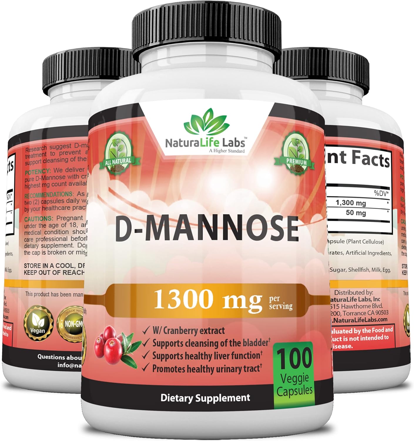 D-Mannose 1,300 mg with Cranberry Extract Fast-Acting, Flush Impurities, Urinary Tract Health- 100 Veggie Capsules