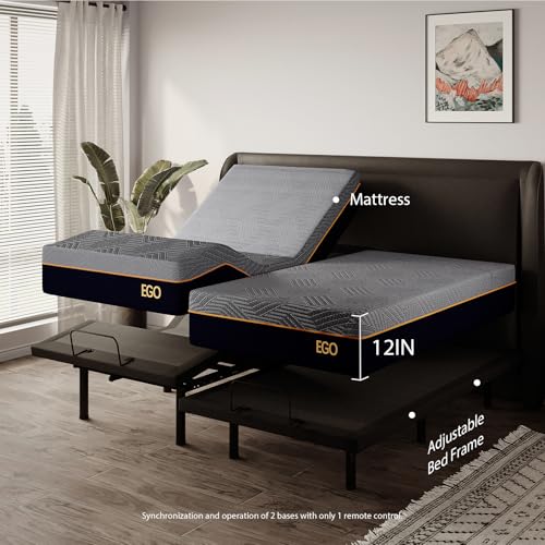 Adjustable Bed Frame Queen and 12 inch Memory Foam Mattress, Adjustable Legs Wireless Remote Independent Head and Foot Incline Electric Foldable Metal Bed Base Queen Size