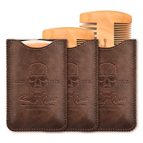 Sandalwood Beard Comb with Case for Men Beard, Fine & Coarse Teeth, Men's Wooden Pocket Comb for Beards & Mustaches & Hair,Brown Skull Design