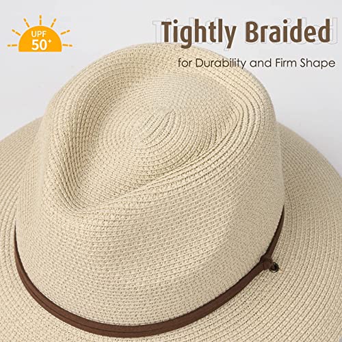 FURTALK Womens Summer Straw Sun Hats Wide Brim Panama Fedora Beach Hat with Wind Lanyard UPF 50+