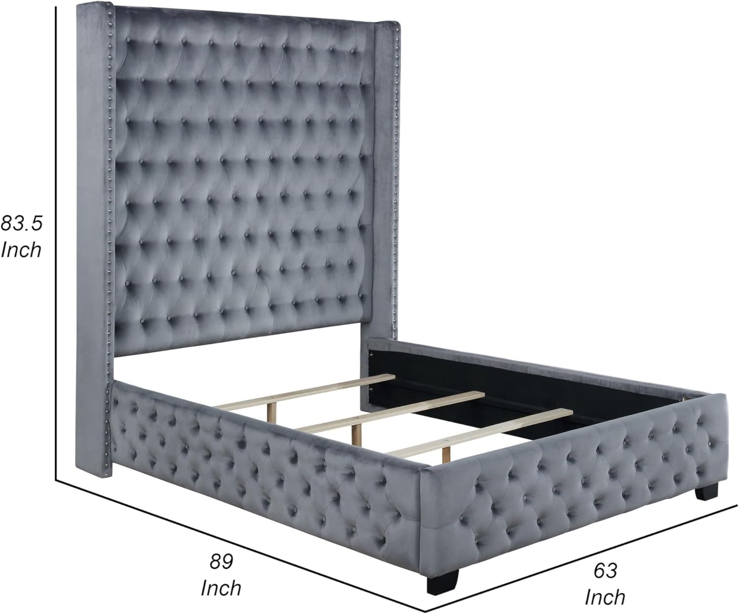 Benjara Qua Wingback Queen Panel Bed, Nailed Tall Headboard, Velvet Upholstery, Gray, Black and Silver