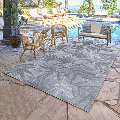 Gertmenian Premium Indoor Outdoor High-Low Area Rug | Deck Patio or Mudroom 8x10ft Large, Tropical Floral Leaves, Blue, 23057