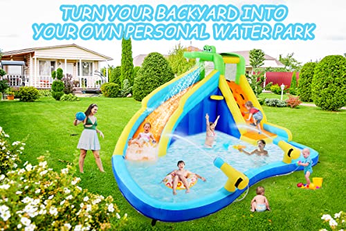 Inflatable Water Slides for Kids 8-in-1 Bounce House Water Park with 450W Blower Climbing Wall, Splash Pool, 2 Water Cannons, Basketball Hoop, Water Slide, Crocodile Sprinkler for Gift Backyard Party