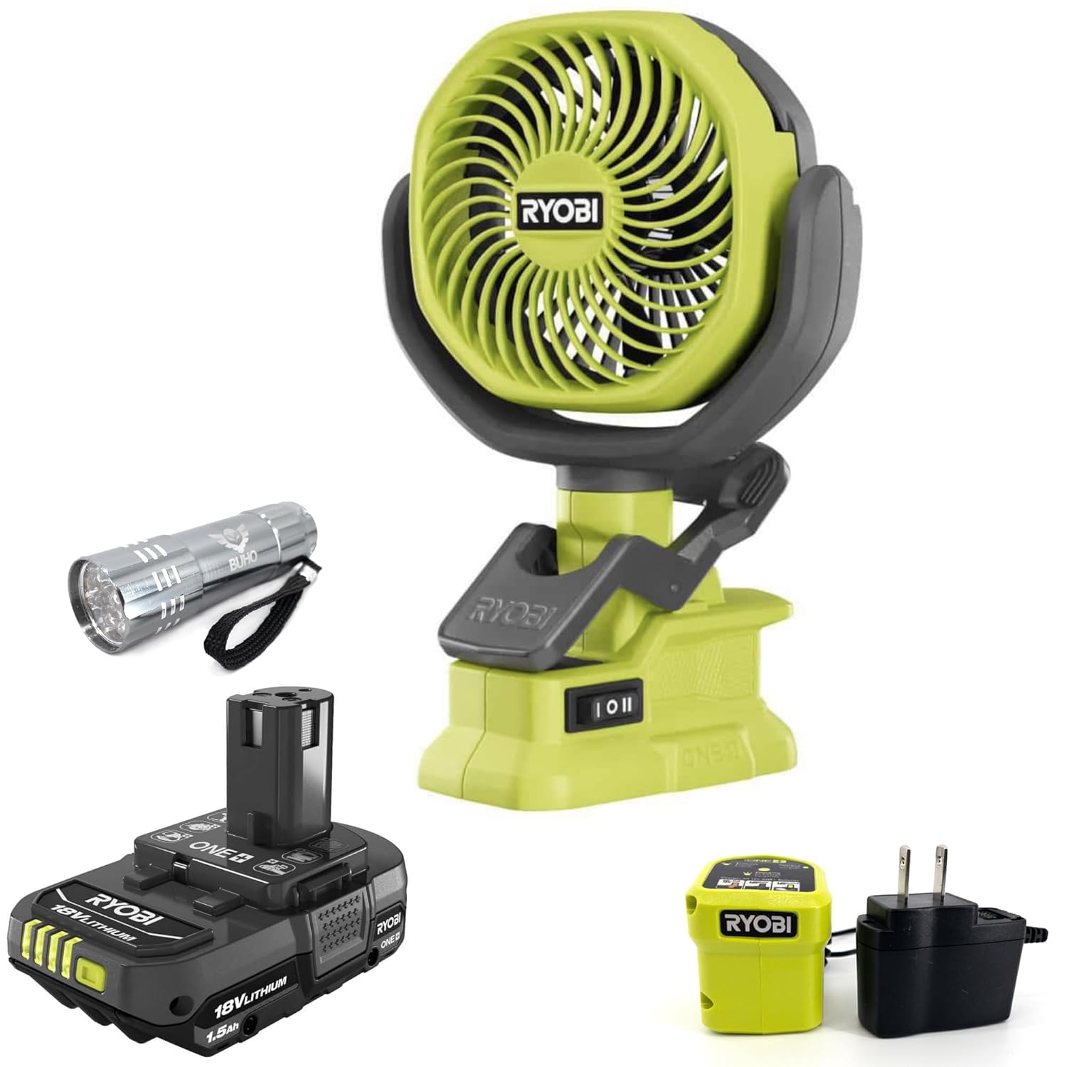 Cordless 4 Inch Clamp Fan Bundle, Ryobi 1.5 Ah 18-Volt Lithium-ion Battery, Charger and Buho Pocket Flashlight