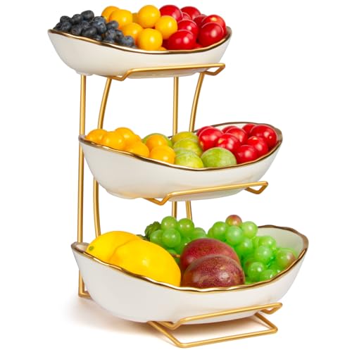 Ceramic 3 Tier Fruit Serving Bowls for Kitchen Counter with Metal Stand,Fruit Basket for Fruit Vegetable,Snack, Nuts,Dessert Storage (Silver)