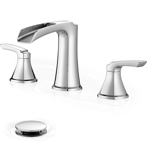 Brushed Nickel Bathroom Faucets, Brass Widespread Waterfall Faucet for Bathroom Sink, 3 Hole Bathroom Sink Faucet, 8-16 Inch 2 Handle Bathroom Vanity Faucets with Pop-up Drain for Lavatory RV