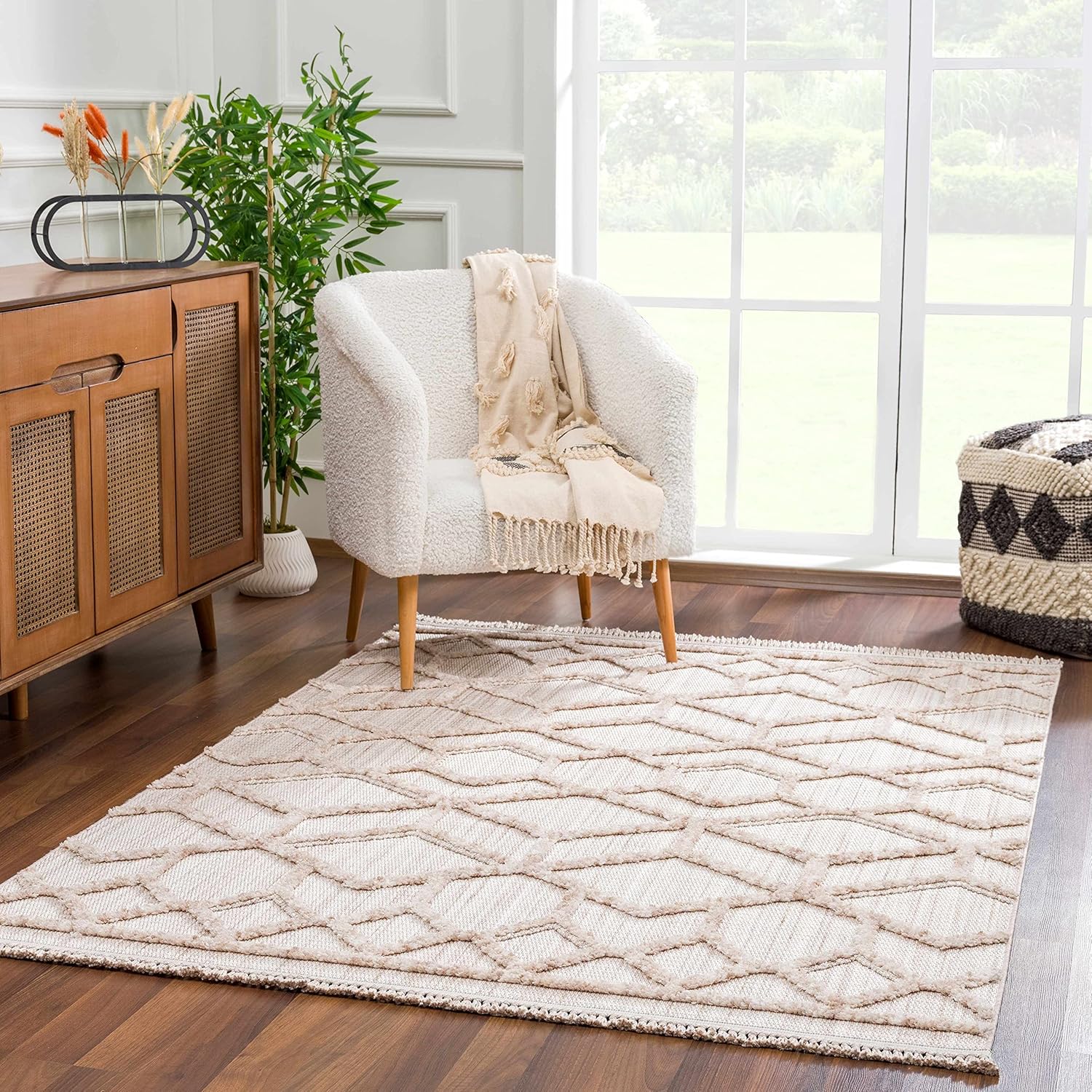 Hauteloom Malilinao Farmhouse Living Room Bedroom Modern Moroccan Trellis Area Rug - Soft Shaggy High Low Carpet - High Pile - Bohemian, Boho - Gray, Brown, Beige, Cream - 7'10