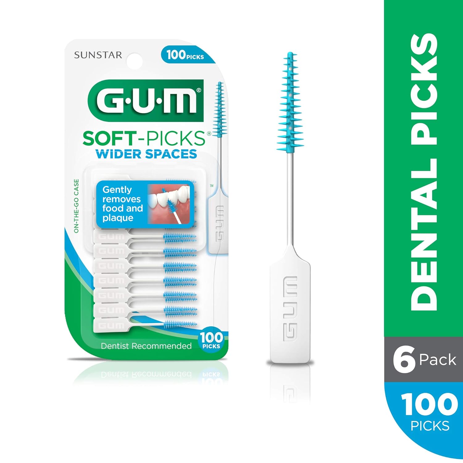 GUM Soft-Picks Wider Space, Easy to Use Dental Picks for Teeth Cleaning and Gum Health, With Convenient Carry Case, Dentist Recommended Dental Floss Picks, 100ct (6pk)