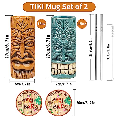SuproBarware TIKI Mug Set - Set of 2 Ceramic TIKI Mug 15oz/440ml Tropical Style Cocktail Glass Set for Cocktail Lover (Orange&Blue)